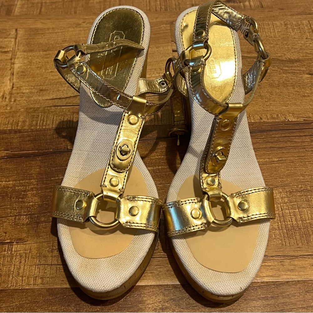 COACH wedge platform sandal, gold metallic with gold metal detail. Size 8.  GUC.